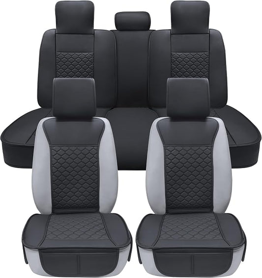 Elantrip Car Seat Cover Full Set Leather Car Seat Protector Universal fit for Most Cars SUVs and Trucks Water Proof Front and Rear Seat Protector Black