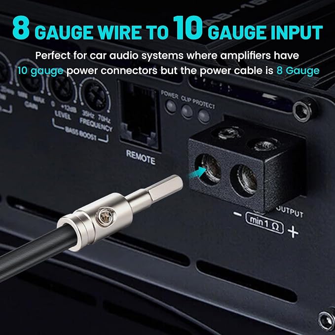 NuIth Amp Input Reducer 8 Gauge to 10 Gauge, 4PCS Car Audio Amplifier Wire Terminal Connectors Brass with Heat Shrink Tubing Allen Key for Amp Input, AWG Pin Power & Ground Connection