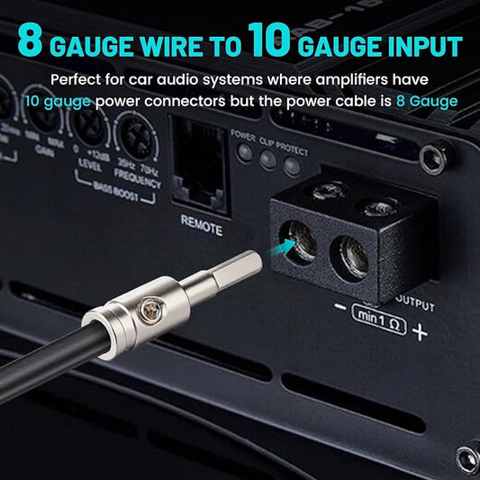 NuIth Amp Input Reducer 8 Gauge to 10 Gauge, 4PCS Car Audio Amplifier Wire Terminal Connectors Brass with Heat Shrink Tubing Allen Key for Amp Input, AWG Pin Power & Ground Connection