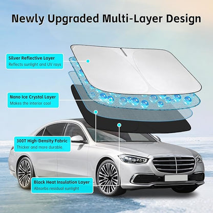 Windshield Sun Shade for Mercedes Benz S-Class s580 2015-2026 Sunshade 300T Windshield Cover Sun Shield Blocks UV Rays Custom Fit Front Window Shade Sun Visor Foldable Keep Cool