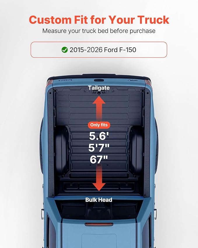 VEVOR Soft Roll-Up Truck Bed Tonneau Cover, Compatible with 2015-2026 Ford F-150, Fits 5.6 ft (5 ft 7 in/67 in) Bed, Triple-Layer Heavy-Duty PVC Tonneau Cover with Three Aluminum Alloy Support Bars