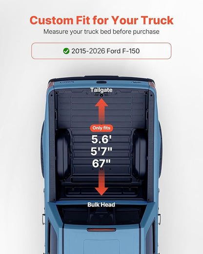 VEVOR Soft Roll-Up Truck Bed Tonneau Cover, Compatible with 2015-2026 Ford F-150, Fits 5.6 ft (5 ft 7 in/67 in) Bed, Triple-Layer Heavy-Duty PVC Tonneau Cover with Three Aluminum Alloy Support Bars