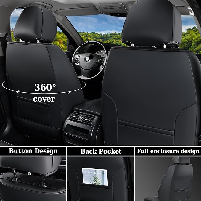 Coverado Seat Covers Front Seats, Luxury Leather Black Car Seat Cover, Waterproof Automotive Car Seat Covers Protector Interior Accessories Universal Fit Most Sedans, SUVs, Pick-up Trucks