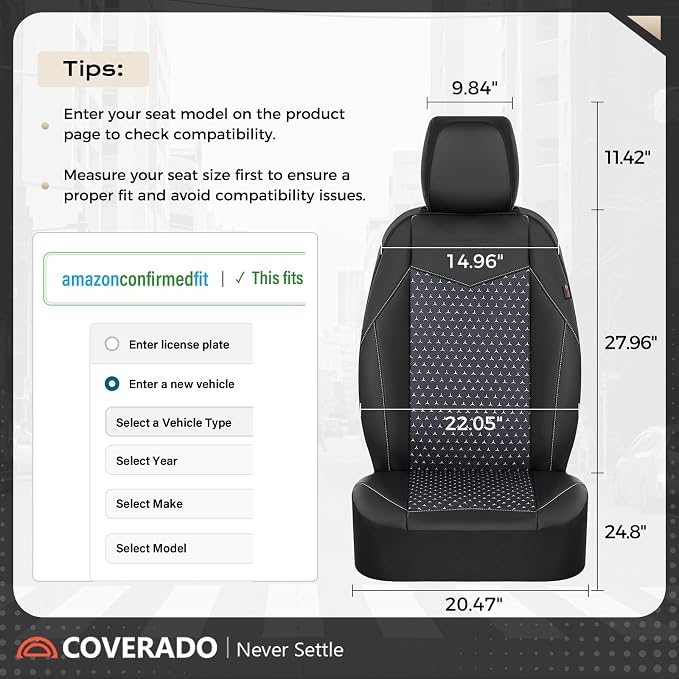 Coverado Front Seat Covers, Breathable Mesh & Leather Car Seat Protectors, Black Driver Seat Cover, Car Seat Cushions, Universal Automotive Seat Covers Fit for Most Sedans SUV Truck, Black