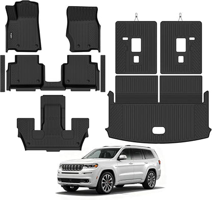 Floor Mats for Jeep Grand Cherokee L 6 Seats 2021-2025 2026, Trunk Mat and Backrest Mat & Door Sill Guard All Weather TPE Protector for Jeep Grand Cherokee L Accessories