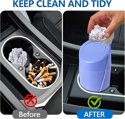 Hovom Mini Car Trash Can with Lid, Portable Garbage Can for Car, Leakproof Cup Holder Automotive Garbage Bin with 2 Rolls of Trash Bags, Small Trash Storage Can for Car Home Office(Dark Blue)