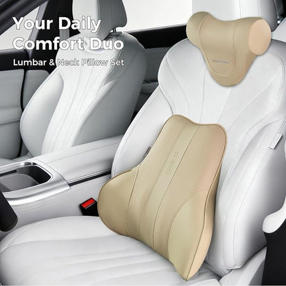 Coverado Car Headrest Pillow, Ergonomic Memory Foam Car Neck Pillow for Driving Seat with Adjustable Strap, Soft PU Leather Breathable Removable Cover Neck Support for Neck Pain Relief - Beige