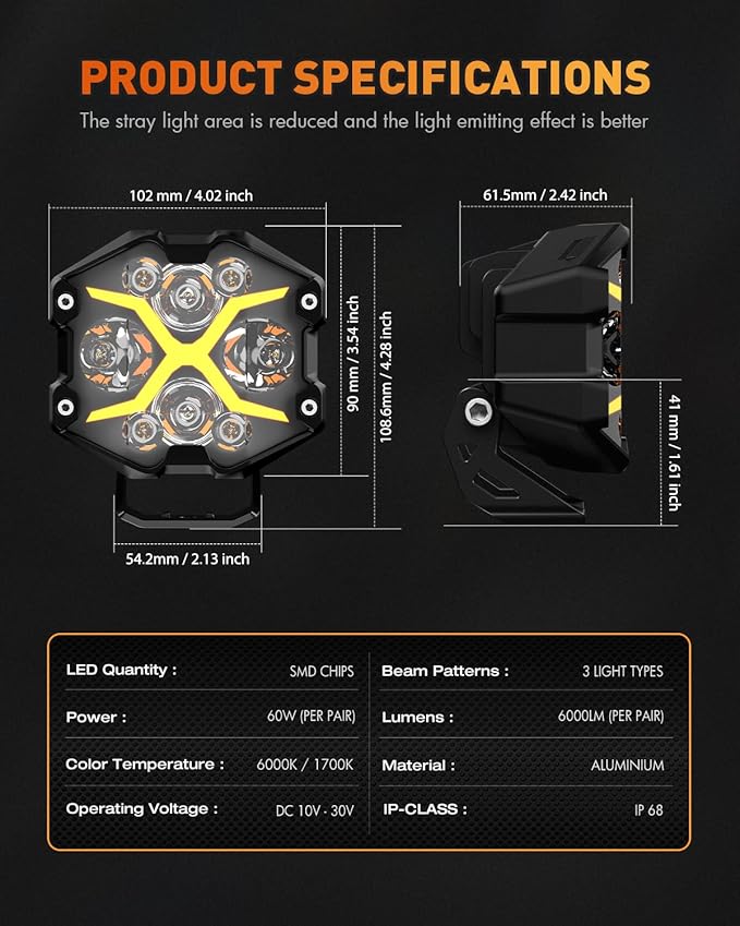 NOVSIGHT 4 Inch LED Pods - X Series Off Road Driving Light with Yellow DRL, Super Bright Pod Lights Drive Beam with Amber Cover, Off-road Fog Lights for Trucks Jeep Ford UTV ATV, 2-Year Warranty, Pair