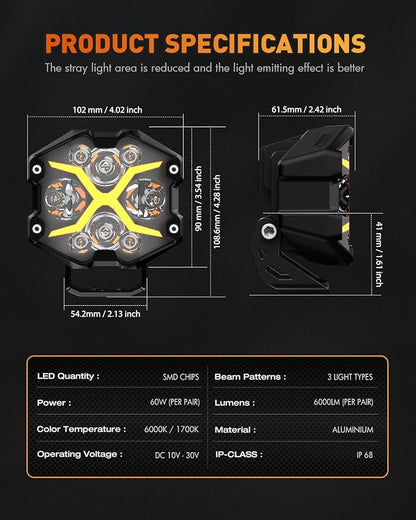 NOVSIGHT 4 Inch LED Pods - X Series Off Road Driving Light with Yellow DRL, Super Bright Pod Lights Drive Beam with Amber Cover, Off-road Fog Lights for Trucks Jeep Ford UTV ATV, 2-Year Warranty, Pair