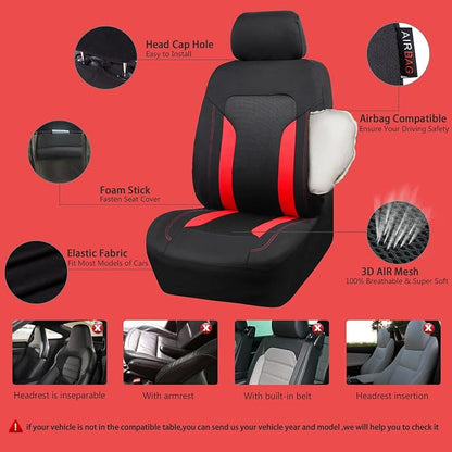 CAR PASS 3D Air Mesh Car Seat Covers Full Set, Breathable Sporty Rear Bench with Zipper for Armrest Box Universal Fit 95% Automotive SUV,Truck,Sedan Interior Cute Women Airbag Compatible, Black Red
