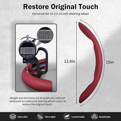 Nappa Leather Car Steering Wheel Cover for Men Women, Ultra-Thin Non-Slip Breathable Microfibre, Universal for 14.5"-15" Steering Wheel - Wine Red