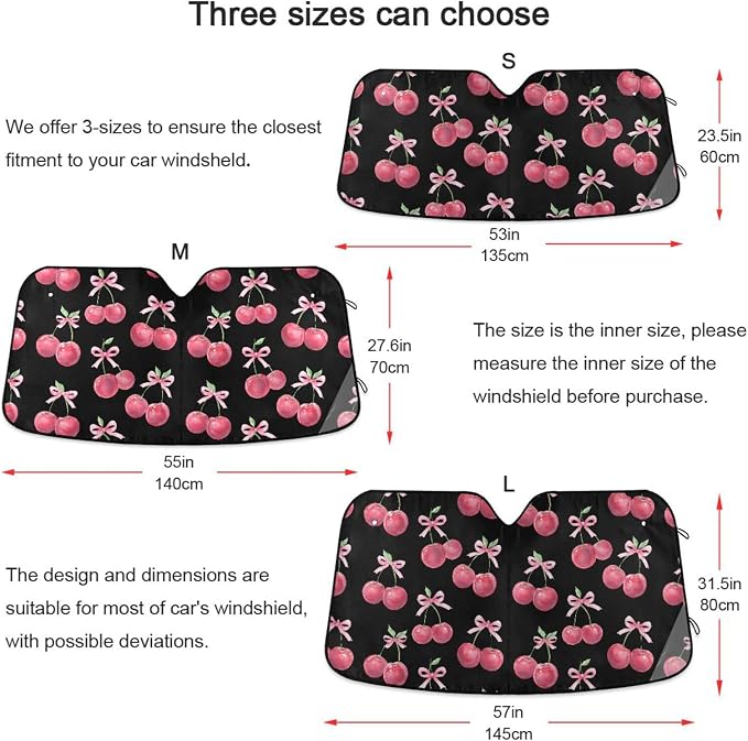 Watercolor Cherry Bow Windshield Sun Shade for Car Auto SUV Truck Foldable Front Window Sunshade Sun Visor Protector Block UV Rays Reflect Heat, 55" x 28"