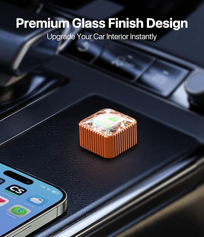 Wireless CarPlay Adapter for iPhone, Premium Glass Finish Design, 5s Auto-Connect, Mini Wireless CarPlay Dongle Compatible with Apple CarPlay, Plug & Play for Factory Wired Cars, Low Latency, Orange