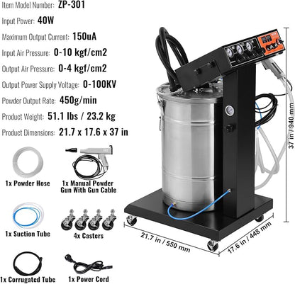 VEVOR Powder Coating System - 40W 100KV Electrostatic Output Kit with 50L Powder Hopper, 450g/Min Spray Gun & Trolley Base, Indoor/Outdoor