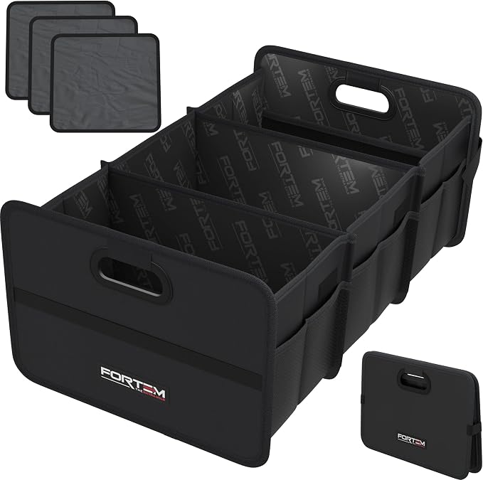 FORTEM Car Trunk Organizer, Collapsible Two Compartment Organizer, Foldable SUV & Truck Storage for Car Accessories for Women Men, Non Slip Bottom, Sturdy Side Walls, Strong Handles, 75L