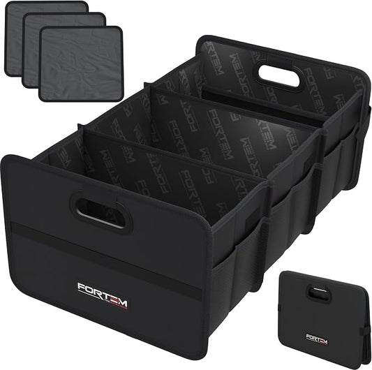 FORTEM Car Trunk Organizer, Collapsible Two Compartment Organizer, Foldable SUV & Truck Storage for Car Accessories for Women Men, Non Slip Bottom, Sturdy Side Walls, Strong Handles, 75L