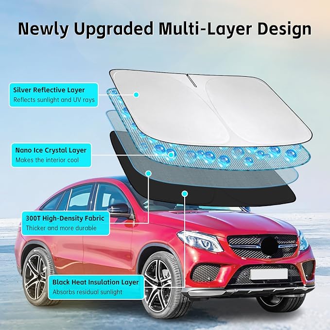 Windshield Sun Shade for Mercedes Benz GLE 350 450 2012-2026 Sunshade 300T Windshield Cover Sun Shield Blocks UV Rays Custom Fit GLE Front Window Shade Sun Visor Foldable Keep Cool