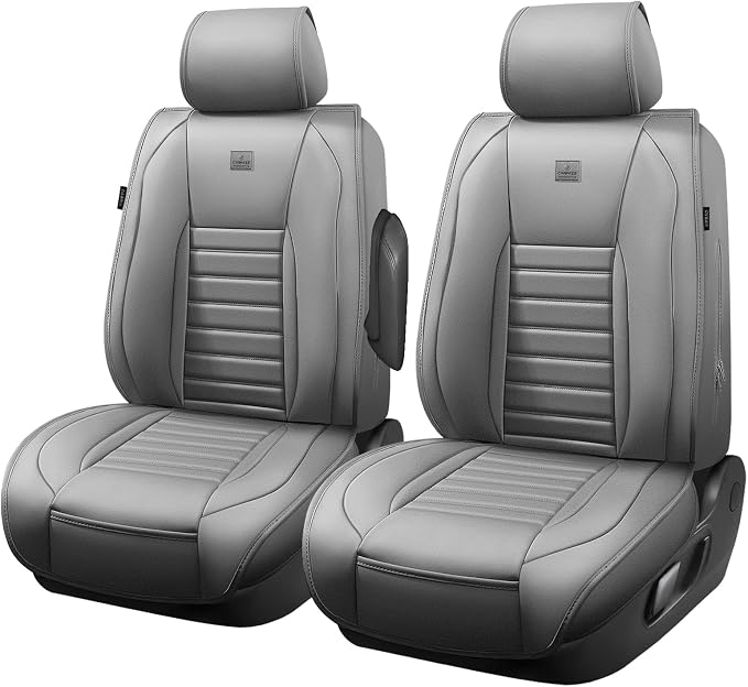 CAR PASS Nappa Leather Car Seat Covers Front Seats, Luxury Seat Protector for Cars, Waterproof Anti-Slip Seat Cushion Airbag Compatible Universal for Sedan SUV Pick-up Truck Automotive Vehicle, Gray