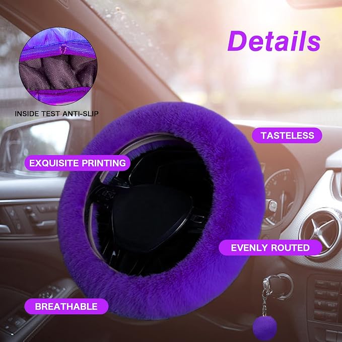 7PCS Set car Interior Aesthetic Accessories, Fluffy 15 inch Steering Wheel Cover, armrest pad, seat Belt Cover,Gear Shift Cover, Fit Girly car Accessories for Women.
