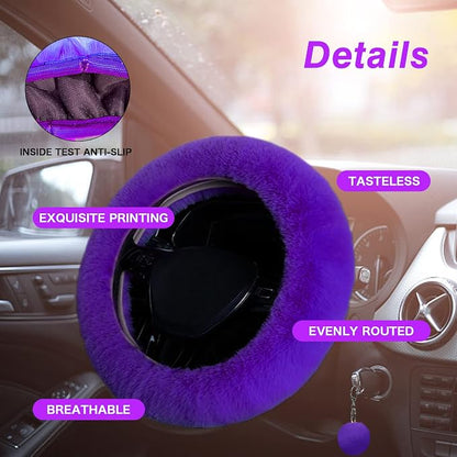 7PCS Set car Interior Aesthetic Accessories, Fluffy 15 inch Steering Wheel Cover, armrest pad, seat Belt Cover,Gear Shift Cover, Fit Girly car Accessories for Women.