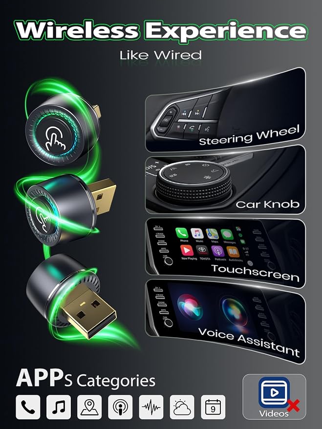 Wireless CarPlay Adapter for Apple iPhone -1 Click Switch for 2 Phones, Plug & Play, Converts Wired to Wireless Car Play Dongle, No Lag, Fast Stable for Cars 2016+ with Apple CarPlay & Android Auto