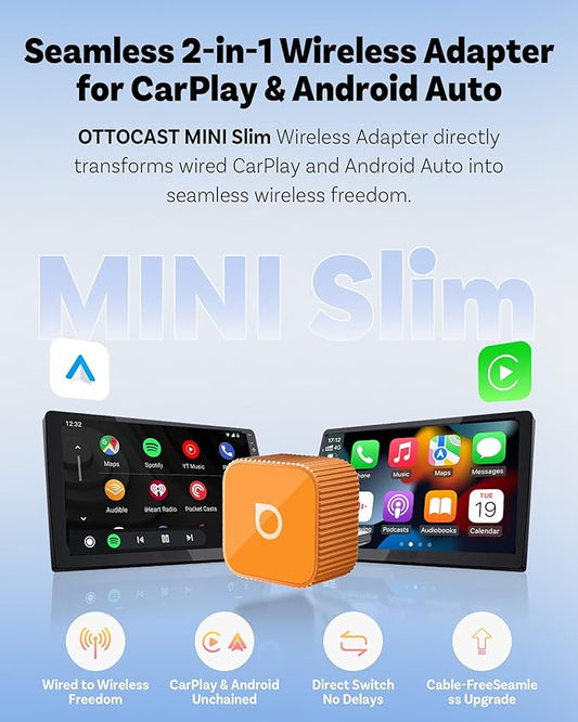 OTTOCAST 2026 Mini Slim USB C 2-in-1 Wireless CarPlay Adapter, Plug & Play | Android Auto Adapter, 5s Auto-Connect, Mini Size,Remember Two Phones