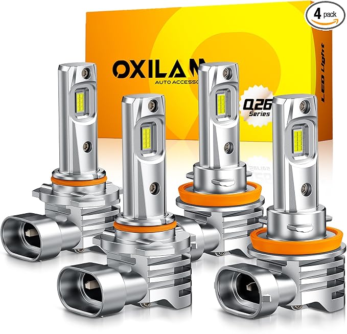OXILAM H11 9005 Light Bulbs Combo, 96000LM 1000% Brighter 6500K Cool White Light, H11-H9-H8 9005-HB3 Fog Light DRL Replacement 1:1 Size, Wireless Design, IP68 Waterproof, Pack of 4
