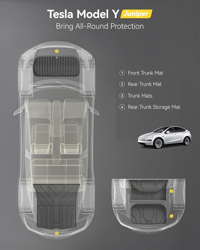 3W Cargo Mats for 2025 2026 Tesla Model Y Juniper Premium/Performance, Front & Rear Trunk Mats Cargo Liners Anti-Slip TPE All Weather Accessories Vigormold™ (NOT for Standard)