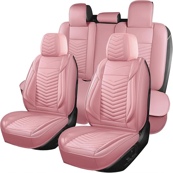 HChengkikz Nappa Leather Car Seat Covers Full Set, Pink Car seat Protector 5 Seats, Waterproof Car Seat Cushion, Universal Automotive Seat Covers Fit for SUV Truck Pick-up Sedan, Front and Rear