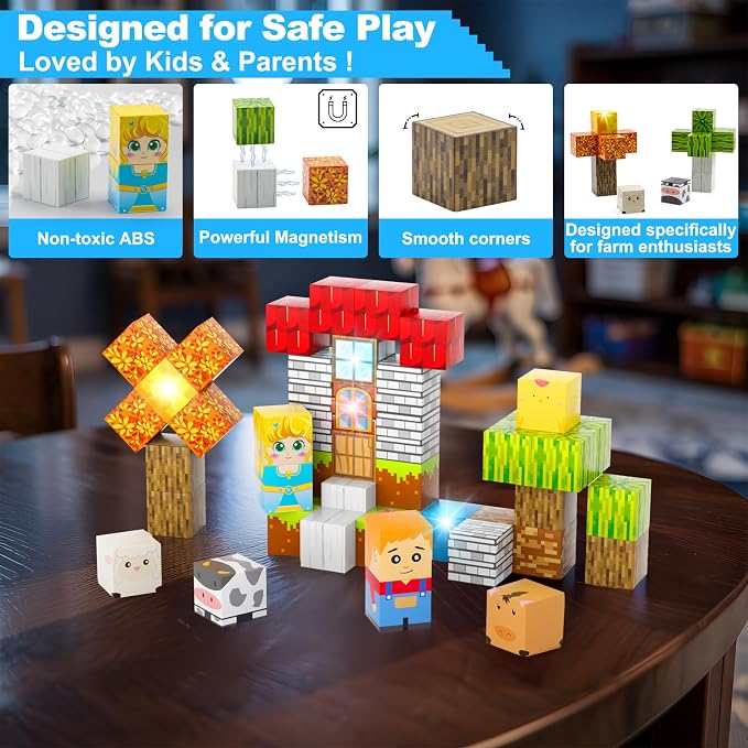 Aywewii Magnetic Blocks 45 PCS Travel Toys for Kids Ages 3-5, Toddler Magnetic Building Cubes STEM Learning Set with Iron Case - Portable Building Toys Gift for Boys and Girls (Farm Edition 1)