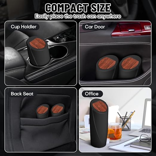 Car Trash Can Bin with Lid - Car Garbage Can Cup Holder - Mini Leakproof Vehicle Garbage Bin with 20pcs Trash Bags-Automotive Organizers and Storage for Front Back Seat Accessories(Wood Grain Lid)