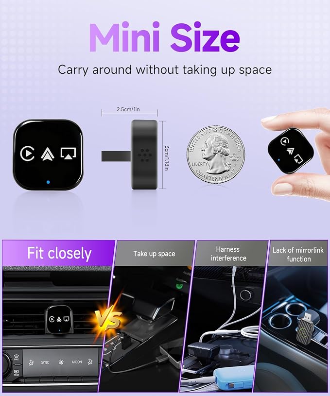 3-in-1 Mini Wireless CarPlay Adapter(2025 Upgraded)-Built-in Wired Carplay Android Auto Airplay,Plug&Play,Fast Auto-Reconnect,BT 5.0,USB/Type-C,iOS10+&Android 11+,5G WiFi(Black)