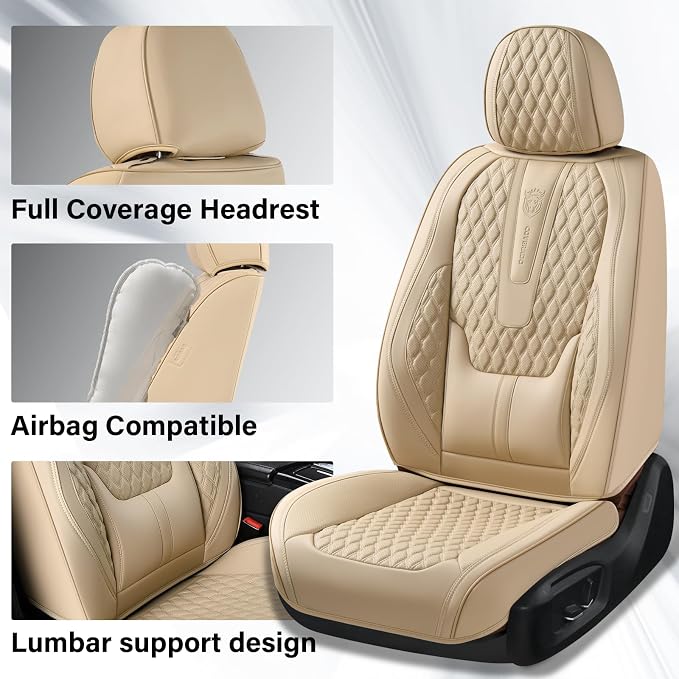 Coverado Front Seat Covers, Car Seat Covers Front Seats, Nappa Leather Seat Covers for Cars, Waterproof Seat Covers with Lumbar Support Universal Fit for Most Cars SUV Trucks (Front, Beige)