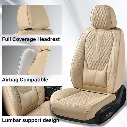 Coverado Front Seat Covers, Car Seat Covers Front Seats, Nappa Leather Seat Covers for Cars, Waterproof Seat Covers with Lumbar Support Universal Fit for Most Cars SUV Trucks (Front, Beige)