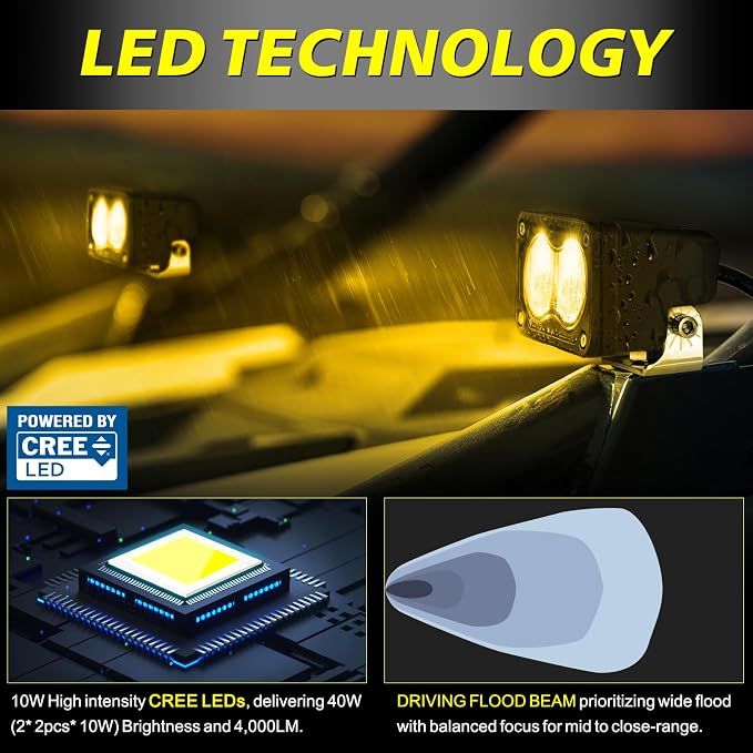 Amber LED Pods, AKD Part 3 Inch Flood CREE LED Fog Lights 40W Small Amber Chase Lights Off Road Driving Ditch Lights Pods 2 Packs for Truck Pickup Motorcycle SUV UTV ATV Dirt Bike Surron