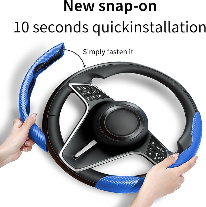 Carbon Fiber Steering Wheel Cover, 2-Piece Set Anti-Skid Comfortable Grip Segmented Butterfly Design, Easy Snap-On Installation Universal Fit 99% Cars, Blue