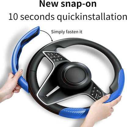 Carbon Fiber Steering Wheel Cover, 2-Piece Set Anti-Skid Comfortable Grip Segmented Butterfly Design, Easy Snap-On Installation Universal Fit 99% Cars, Blue
