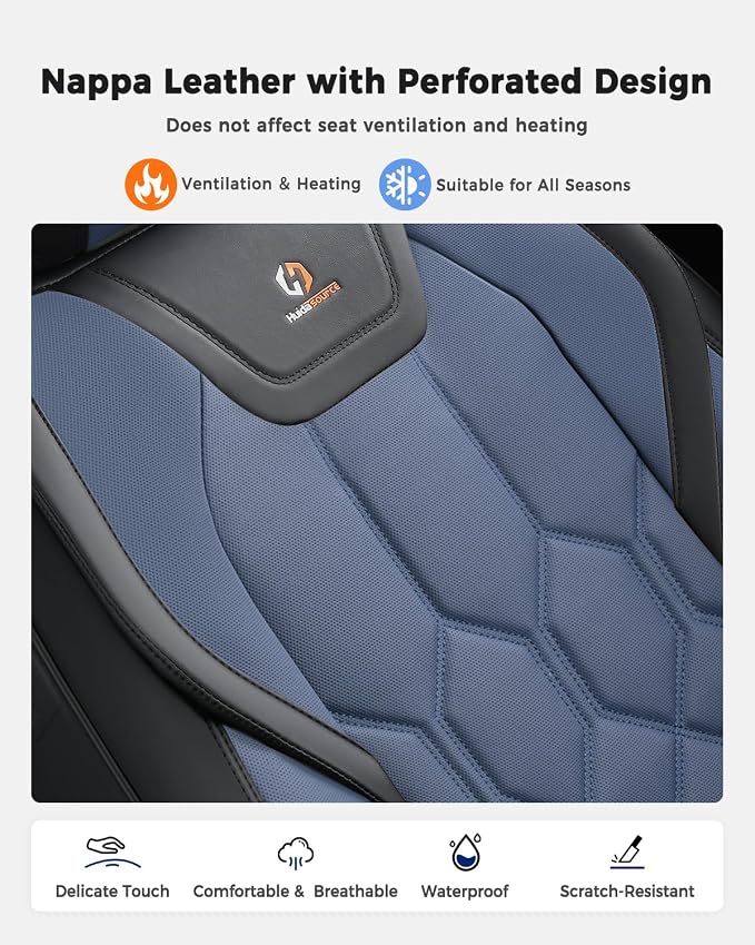 Huidasource Seat Covers Full Set, Universal Fit for Most Cars SUVs Trucks, Full Coverage Leather Seat Cover, Airbag, Cupholder Compatible, Seat Function Retain, Easy Install with Velcro, Black&Blue