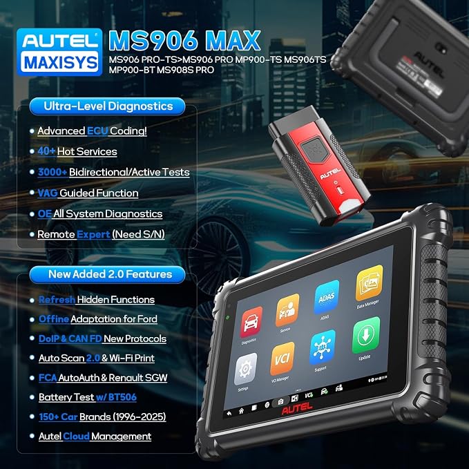Autel MaxiSys MS906MAX OBD2 Scanner, Way Better Than MS906 Pro, 2026 MS906 MAX Up of MS906S MS906BT MS908, ECU Coding, 3000+ Active Test, 40+ Service, All System Diagnostic, CAN FD/DoIP, AutoScan 2.0