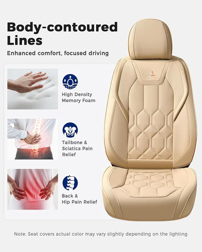 Huidasource Seat Covers Full Set, Universal Fit for Most Cars SUVs Trucks, Full Coverage Leather Automotive Seat Cover, Airbag, Cupholder Compatible, Seat Function Retain, Velcro Adjustable, Beige