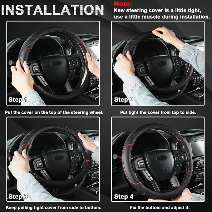 GIANT PANDA Steering Wheel Cover for Ford F150 F250 F350 Expedition - Black+Red Trim