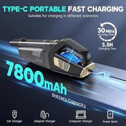 CKIKH Handheld Vacuum Cordless, 15000PA Strong Suction Hand Held Car Vacuum Cleaner Portable with Multi-Nozzles & Washable Filter, Lightweight Rechargeable Vacuum Cleaner for Home, Car, Office, Pets
