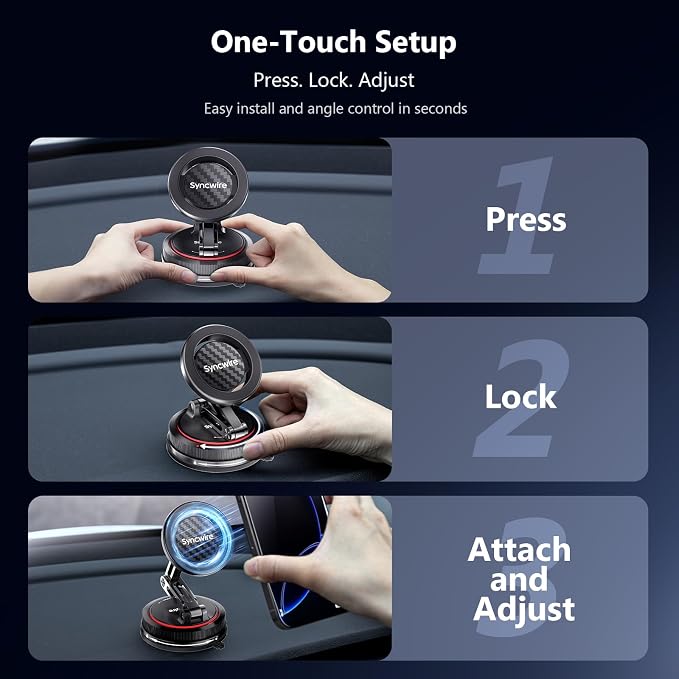 SYNCWIRE for MagSafe Car Mount [3-Axis] Nano Adhesive Gel + Strong Suction Cup Magnetic Phone Holder for Dashboard & Windshield, 360° Adjustable for iPhone 17 16 15 14 13 12, Samsung, Carbon Fiber