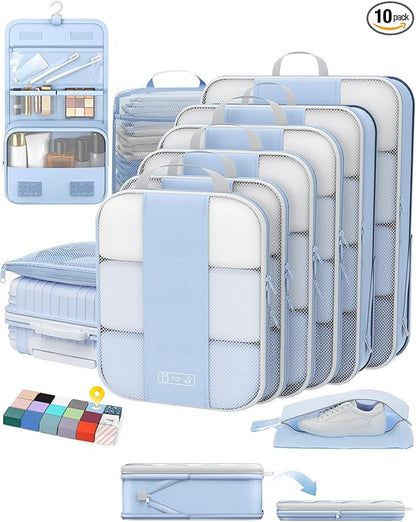 OlarHike 10-Pack Compression Packing Cubes for Travel Essentials,Compressible Expandable Packing Cubes for Suitcase,Luggage Garment Bags for Travel,Handy Helper for Organizing Clothes(Light Blue)