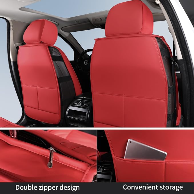 HChengkikz Nappa Leather Car Seat Covers Full Set, Red Car seat Protector 5 Seats, Waterproof Car Seat Cushion, Universal Automotive Seat Covers Fit for SUV Truck Pick-up Sedan, Front and Rear