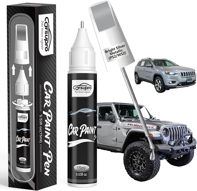 Bright Silver Metallic(PS2/WS2) for Jeep Touch Up Paint Pen, 2 in 1 Car Scratch Remover with Pen Tip and Brush, Precise Color Match for Car Paint Scratch Repair, Quickly and Easily Fix Chips and Nicks