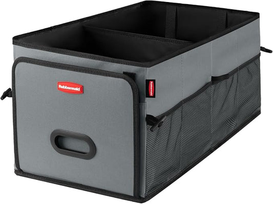 Rubbermaid Car Organizer, Collapsible Trunk Organizer, Multi-Compartment Car Storage Organization for Car Accessories, 2 Compartments-Gray