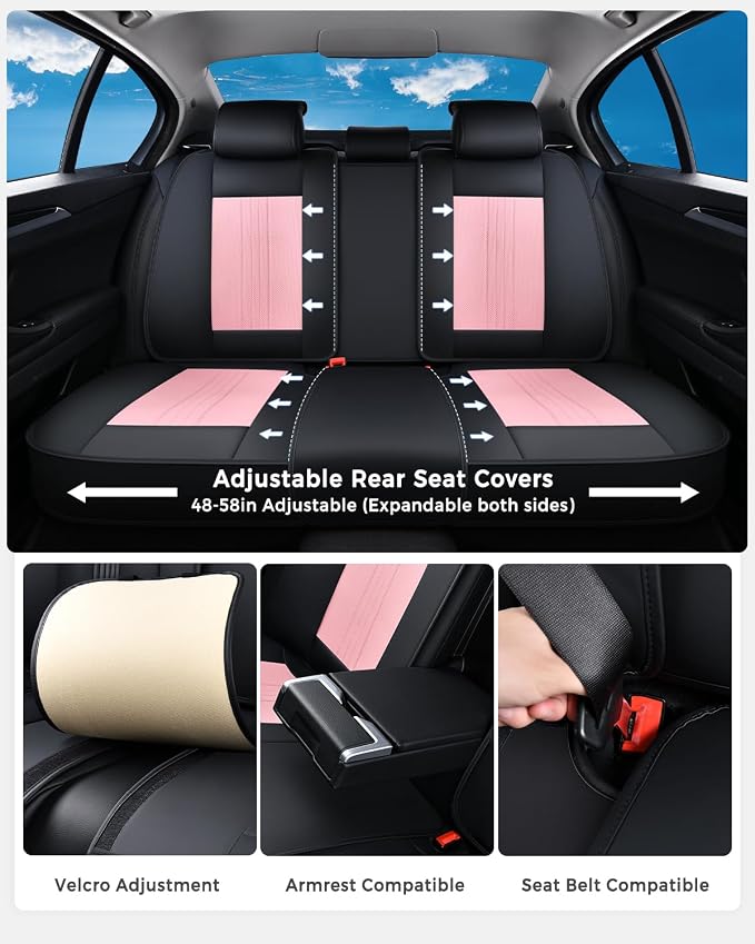 Huidasource Seat Covers Full Set, Luxury Faux Leather Seat Covers, Velcro Adjustable, with Airbags, Thinning Design Perforation Cooling＆Heating Universal Fit for Most Cars Vans Trucks SUVs, Black&Pink