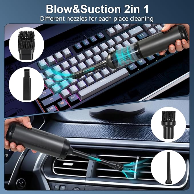 Car Vacuum Portable Cordless, 17000Pa 2 in 1 Vacuum Cleaner&Air Duster, 100W Brushless Motor Handheld Vacuum Cordless with 6000mAh Battery, Multi-Nozzles for Car, Home, Office, Pet