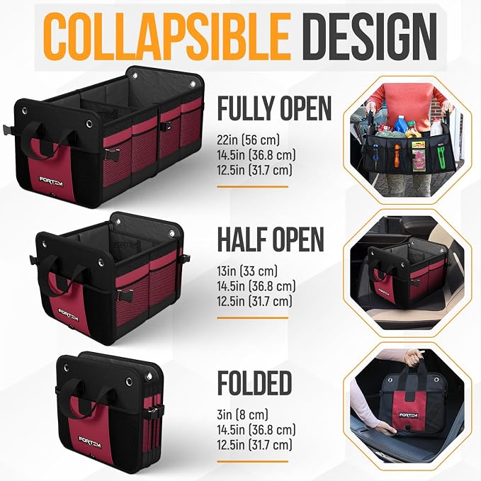 FORTEM Trunk Organizer For SUV Car Organizer and Storage, Multi-Compartment Storage Bag Car Accessories for Women Men, Perfect Christmas Gifts, 1680D Oxford, Non Slip Bottom, Straps, Soft Cover (90L)